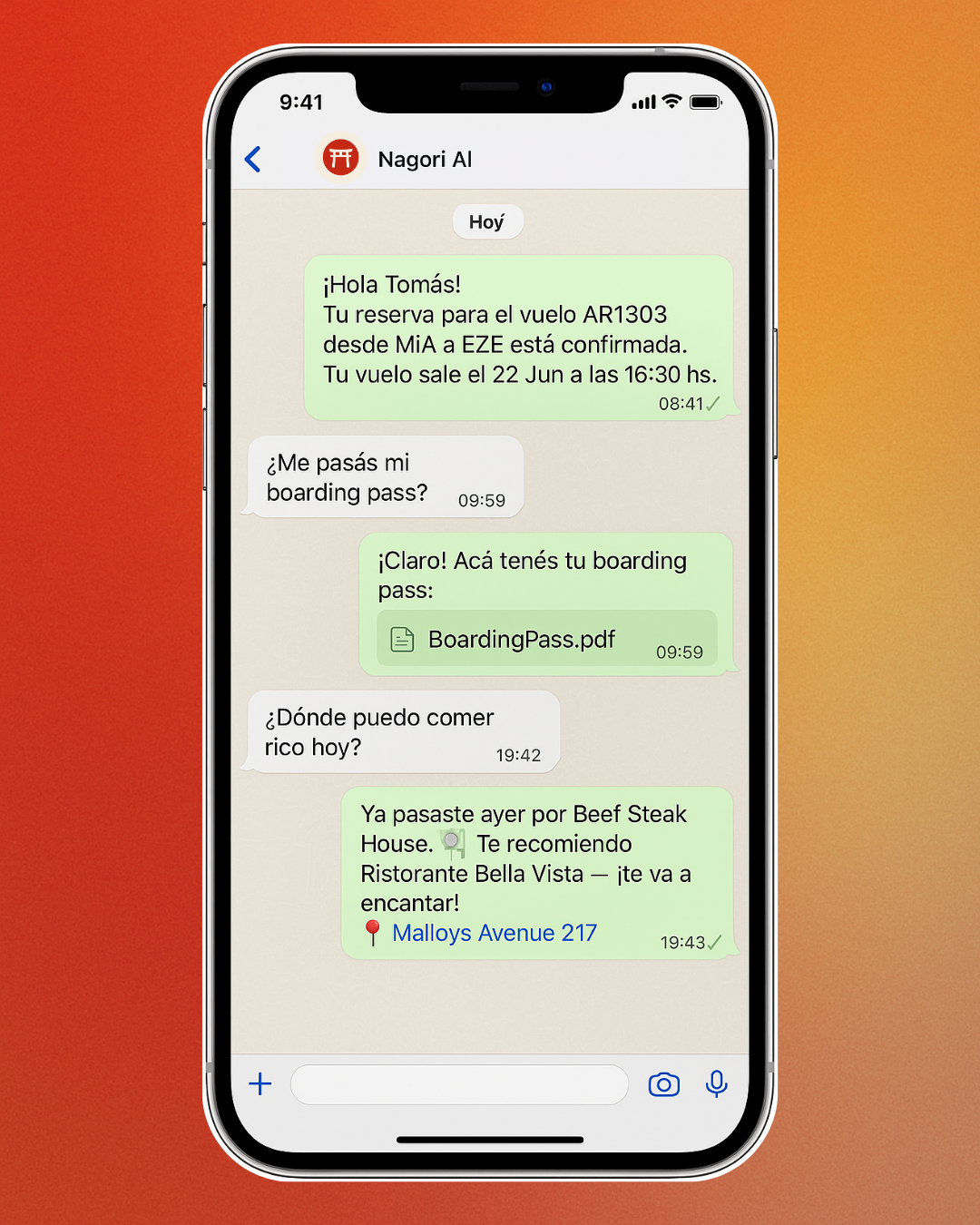 Demo de conversación WhatsApp con Nagori AI mostrando confirmación de vuelo AR1303, boarding pass automático y recomendación personalizada de restaurante